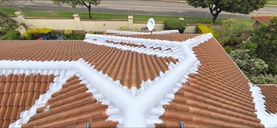 Tiled roof with white waterproof coating applied along the ridges by Perfect Peaks